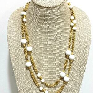 Vintage gold tone chain necklace with white beads